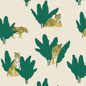 (S) Wandering Tiger - Tigers and Banana Leaves - Green on Cream