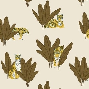 (S) Wandering Tiger - Tigers and Banana Leaves - Brown on Cream