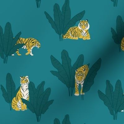 (S) Wandering Tiger - Tigers and Banana Leaves - Teal on Blue