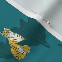 (S) Wandering Tiger - Tigers and Banana Leaves - Teal on Blue