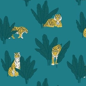 (S) Wandering Tiger - Tigers and Banana Leaves - Teal on Blue