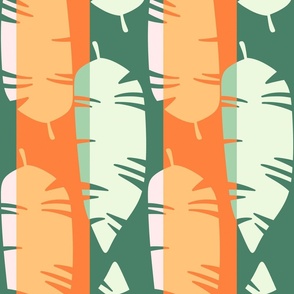 Mod Retro Tropical Leaves Beach Pattern in Bright Vibrant Red, Orange and Green Stripe