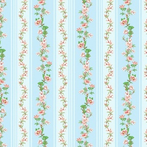 Exquisite Marie Antoinette Inspired Nostalgic Flower Tendrils And Vertical Stripes Garden: Antique Floral Garden, Springflowers, Vintage Wallpaper soft summer blue 