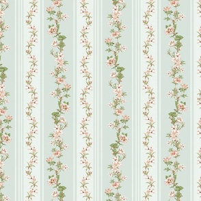 Exquisite Marie Antoinette Inspired Nostalgic Flower Tendrils And Vertical Stripes Garden: Antique Floral Garden, Springflowers, Vintage Wallpaper soft spring green
