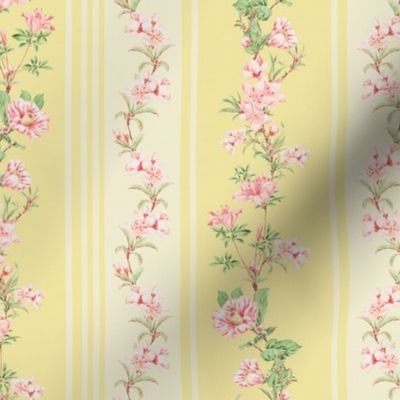 Exquisite Marie Antoinette Inspired Nostalgic Flower Tendrils And Vertical Stripes Garden: Antique Floral Garden, Springflowers, Vintage Wallpaper soft yellow 