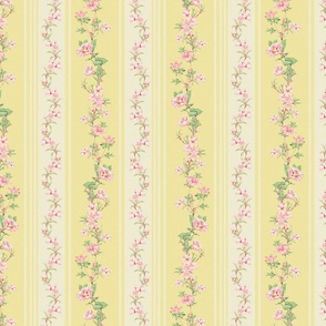 Exquisite Marie Antoinette Inspired Nostalgic Flower Tendrils And Vertical Stripes Garden: Antique Floral Garden, Springflowers, Vintage Wallpaper soft yellow 