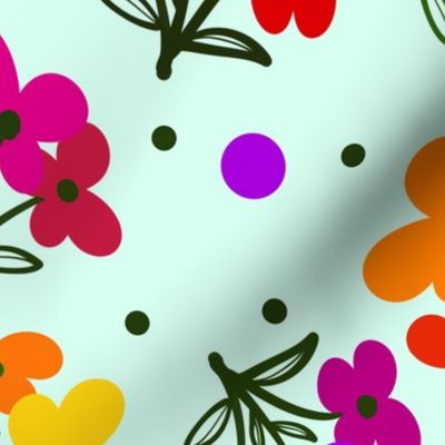 Bright Blooms_ yellow, orange, pink, red, purple on blue green_large