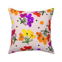 Bright blooms_ yellow, orange, pink, red, purple on light greyish pink_ large