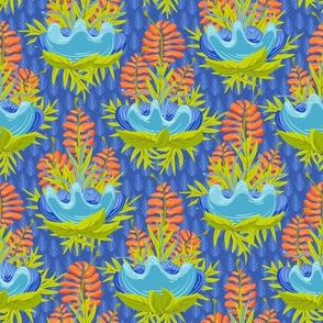 Bright jungle flower in blue. Large scale