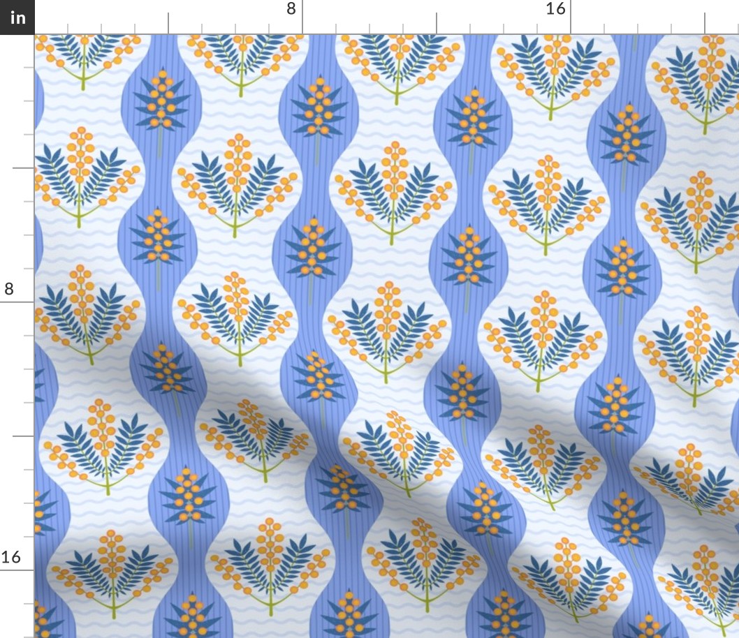 Symmetric flowers on Blue striped background (Small scale)