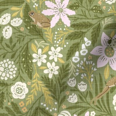 (M)-1970s Retro/Vintage Floral Pattern- Boho hand drawn wildflowers motif- Cottage Garden -Frogs-olive green-Pale Pink