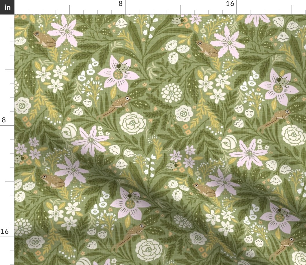 (M)-1970s Retro/Vintage Floral Pattern- Boho hand drawn wildflowers motif- Cottage Garden -Frogs-olive green-Pale Pink