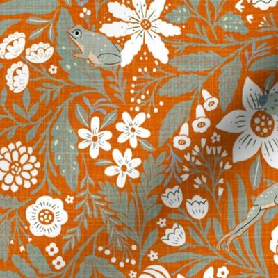 (M)-1970s Retro/Vintage Floral Pattern- Boho hand drawn wildflowers motif- Cottage Garden -Frogs-Orange-White-Green
