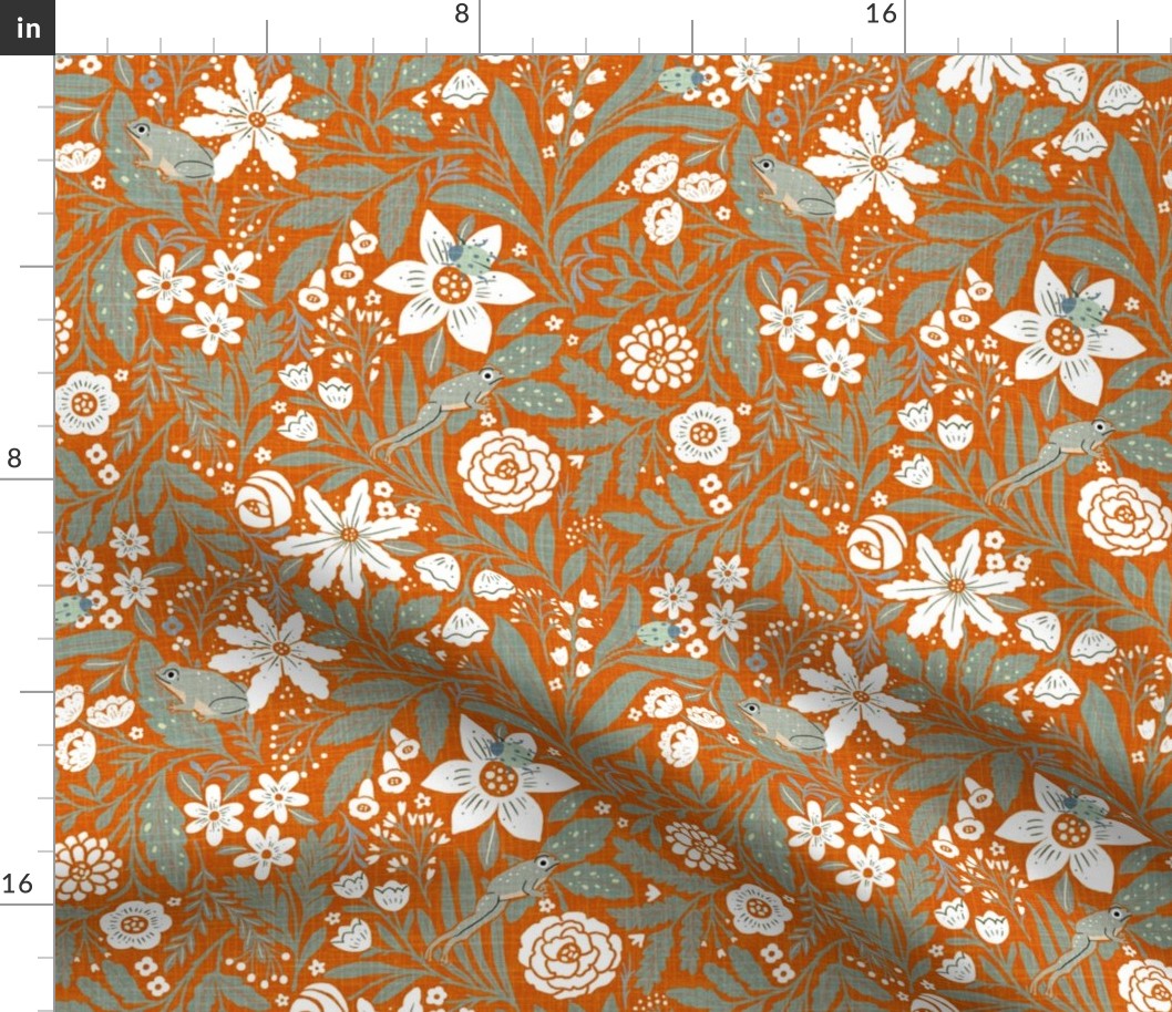 (M)-1970s Retro/Vintage Floral Pattern- Boho hand drawn wildflowers motif- Cottage Garden -Frogs-Orange-White-Green