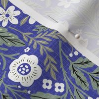 (M)-1970s Retro/Vintage Floral Pattern- Boho hand drawn wildflowers motif- Cottage Garden -Frogs-Blue-Periwinke-White-Green