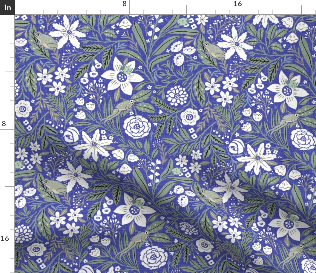 (M)-1970s Retro/Vintage Floral Pattern- Boho hand drawn wildflowers motif- Cottage Garden -Frogs-Blue-Periwinke-White-Green