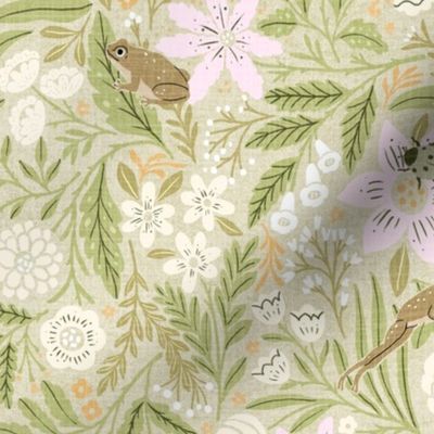 (M)-1970s Retro/Vintage Floral Pattern- Boho hand drawn wildflowers motif- Cottage Garden -Frogs-Olive Green-Cream-Pink