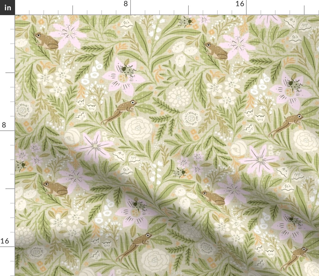 (M)-1970s Retro/Vintage Floral Pattern- Boho hand drawn wildflowers motif- Cottage Garden -Frogs-Olive Green-Cream-Pink
