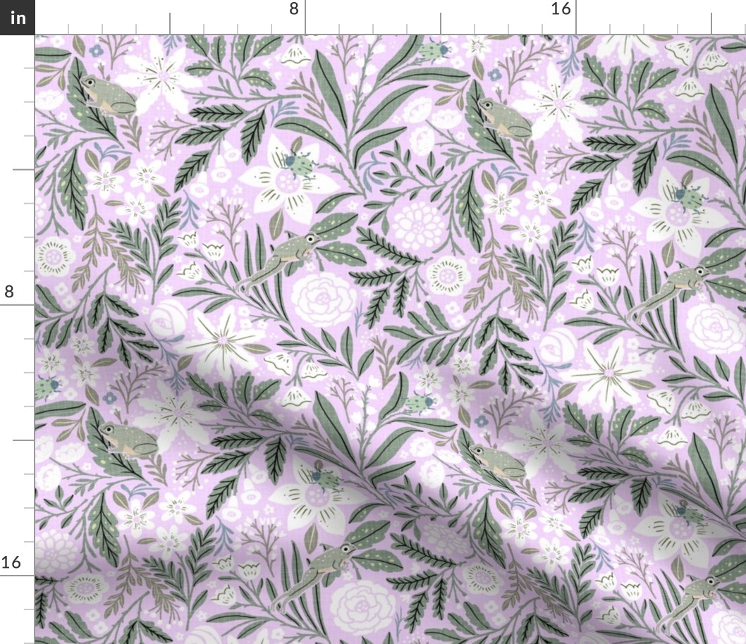 (M)-1970s Retro/Vintage Floral Pattern- Boho hand drawn wildflowers motif- Cottage Garden -Frogs-Lilac-White-Deep Green