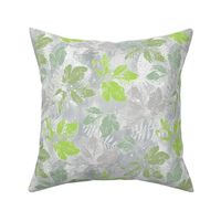 Monochrome pattern with leaves. Green leaves on a gray, white background.