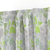 Monochrome pattern with leaves. Green leaves on a gray, white background.