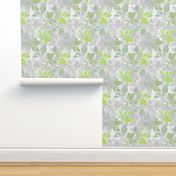 Monochrome pattern with leaves. Green leaves on a gray, white background.