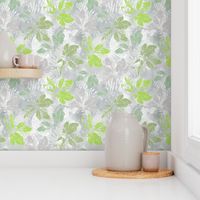 Monochrome pattern with leaves. Green leaves on a gray, white background.