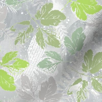 Monochrome pattern with leaves. Green leaves on a gray, white background.