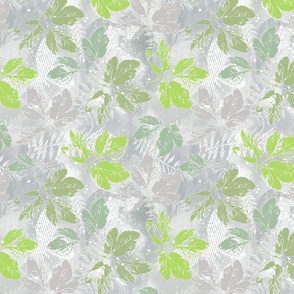 Monochrome pattern with leaves. Green leaves on a gray, white background.
