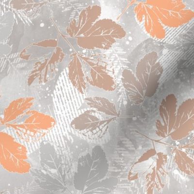 Monochrome pattern with leaves. Orange, brown leaves on a gray, white background.