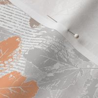 Monochrome pattern with leaves. Orange, brown leaves on a gray, white background.