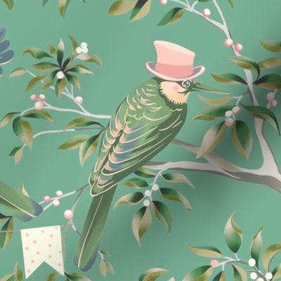 Party Birds in Hats - Arsenic Green