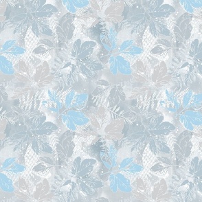 Monochrome pattern with leaves. Light blue, gray leaves on a gray, white background.