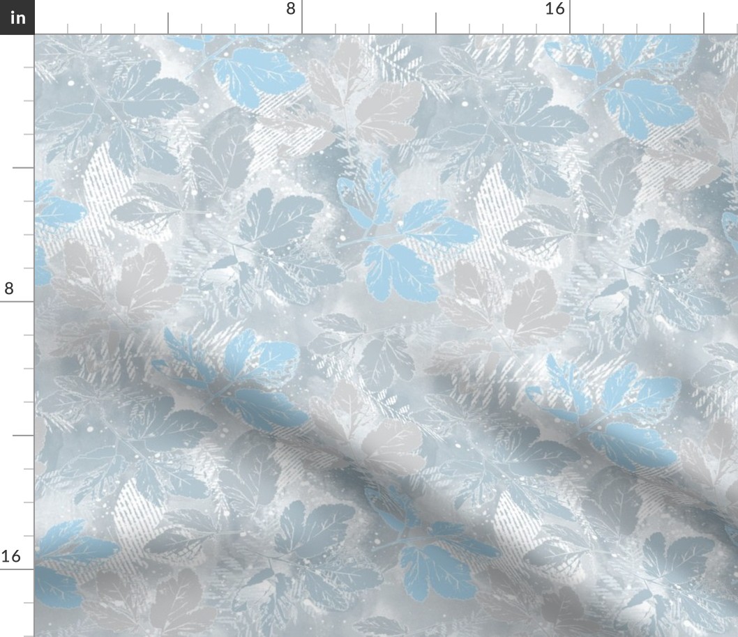 Monochrome pattern with leaves. Light blue, gray leaves on a gray, white background.