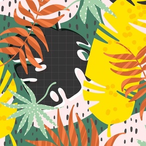 Lush Tropical Leaves Beach Pattern in Bright Vibrant Green and Orange Colors