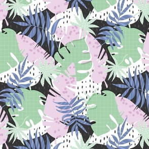 Lush Tropical Leaves Beach Pattern in Bright Vibrant Black and Pastel Colors