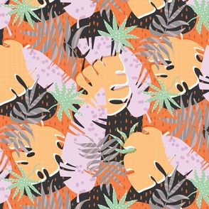 Lush Tropical Leaves Beach Pattern in Bright Vibrant Sunset Colors