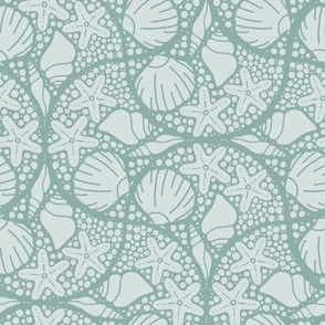 Scallop seashells ogee | Small Scale | Teal green, pale blue