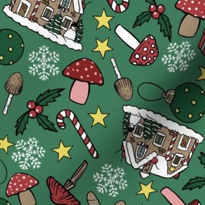 Christmas Mushrooms, Gingerbread Houses, Snowflakes, Candy Bars and Decorations, Green Background