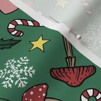 Christmas Mushrooms, Gingerbread Houses, Snowflakes, Candy Bars and Decorations, Green Background