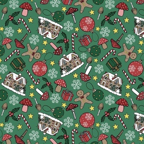 Christmas Mushrooms, Gingerbread Houses, Snowflakes, Candy Bars and Decorations, Green Background
