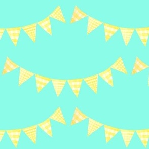 Watercolor, Hand Painted  Yellow Gingham Banner on Aqua, Kid's  Party, L
