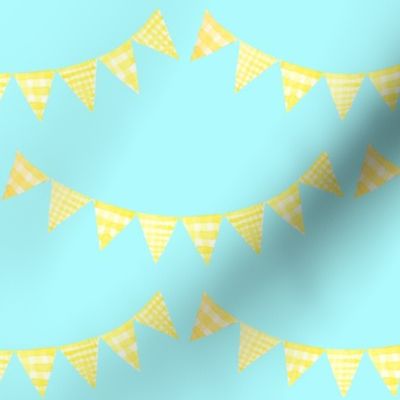 Watercolor, Hand Painted  Yellow Gingham Banner on Bright Blue, Kid's  Party, L