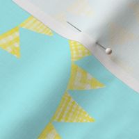 Watercolor, Hand Painted  Yellow Gingham Banner on Bright Blue, Kid's  Party, L