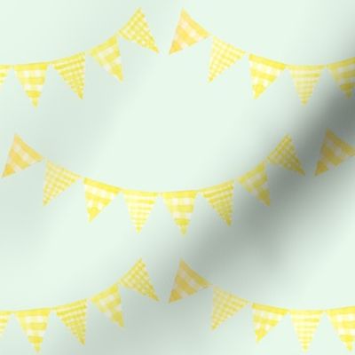 Watercolor, Hand Painted  Yellow Gingham Banner on Light Mint, Kid's  Party, L