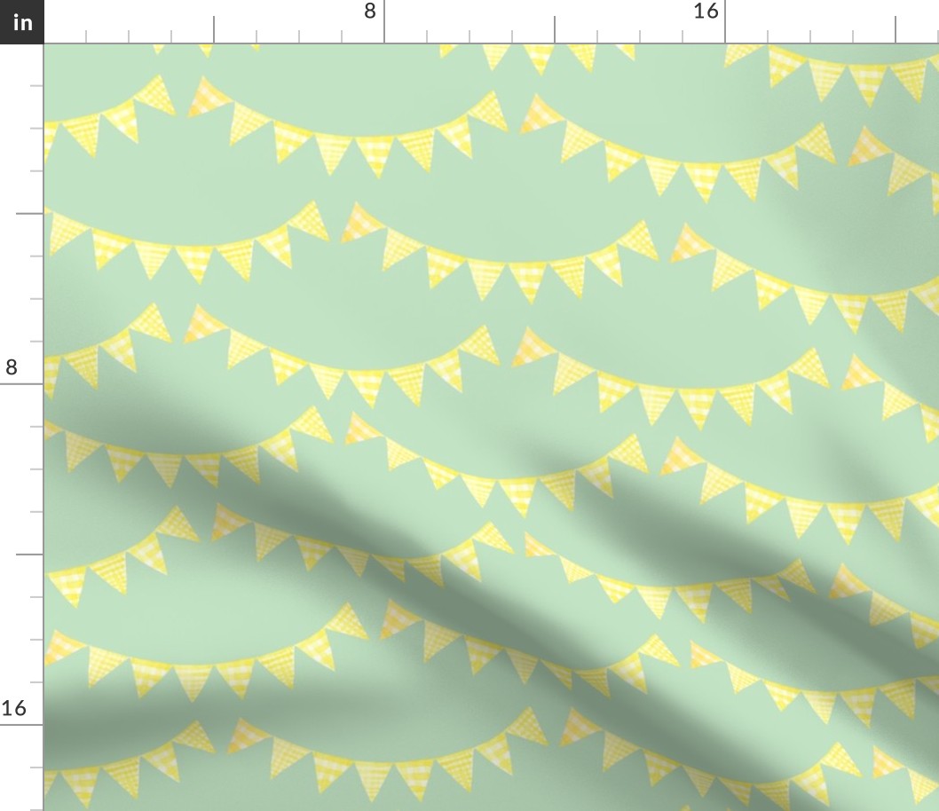 Watercolor, Hand Painted  Yellow Gingham Banner on Pastel Mint, Kid's  Party, L