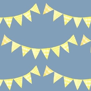 Watercolor, Hand Painted  Yellow Gingham Banner onGrey Blue, Kid's  Party, L