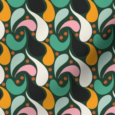 (M) Groovy Retro 1970s Paisley Tear Drops - Forest Green Background