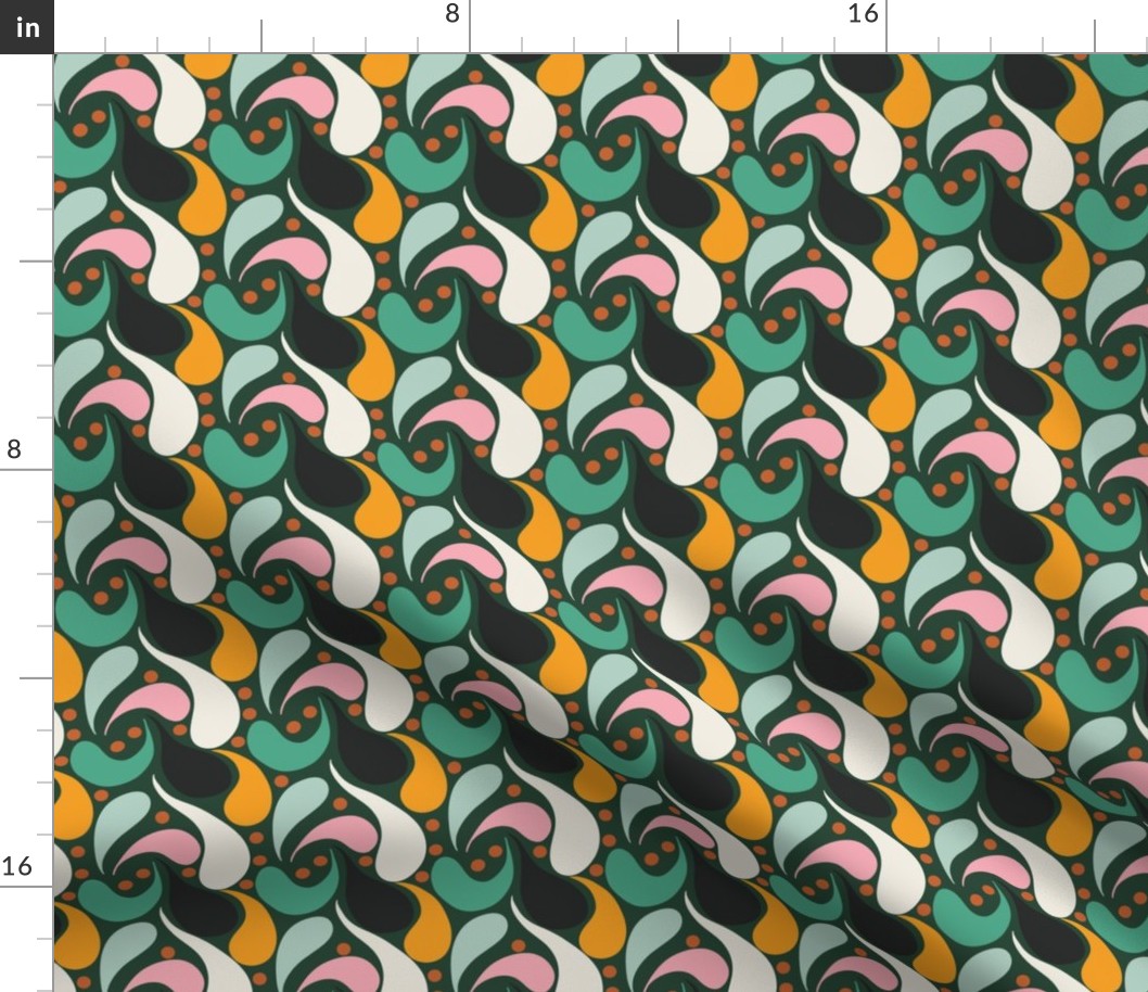 (M) Groovy Retro 1970s Paisley Tear Drops - Forest Green Background