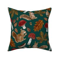 Autumn Pattern With Squirrels, Mushrooms, Chestnut Leaves, Oak Leaves and Acorns, Large Scale,  Forest Green Background 